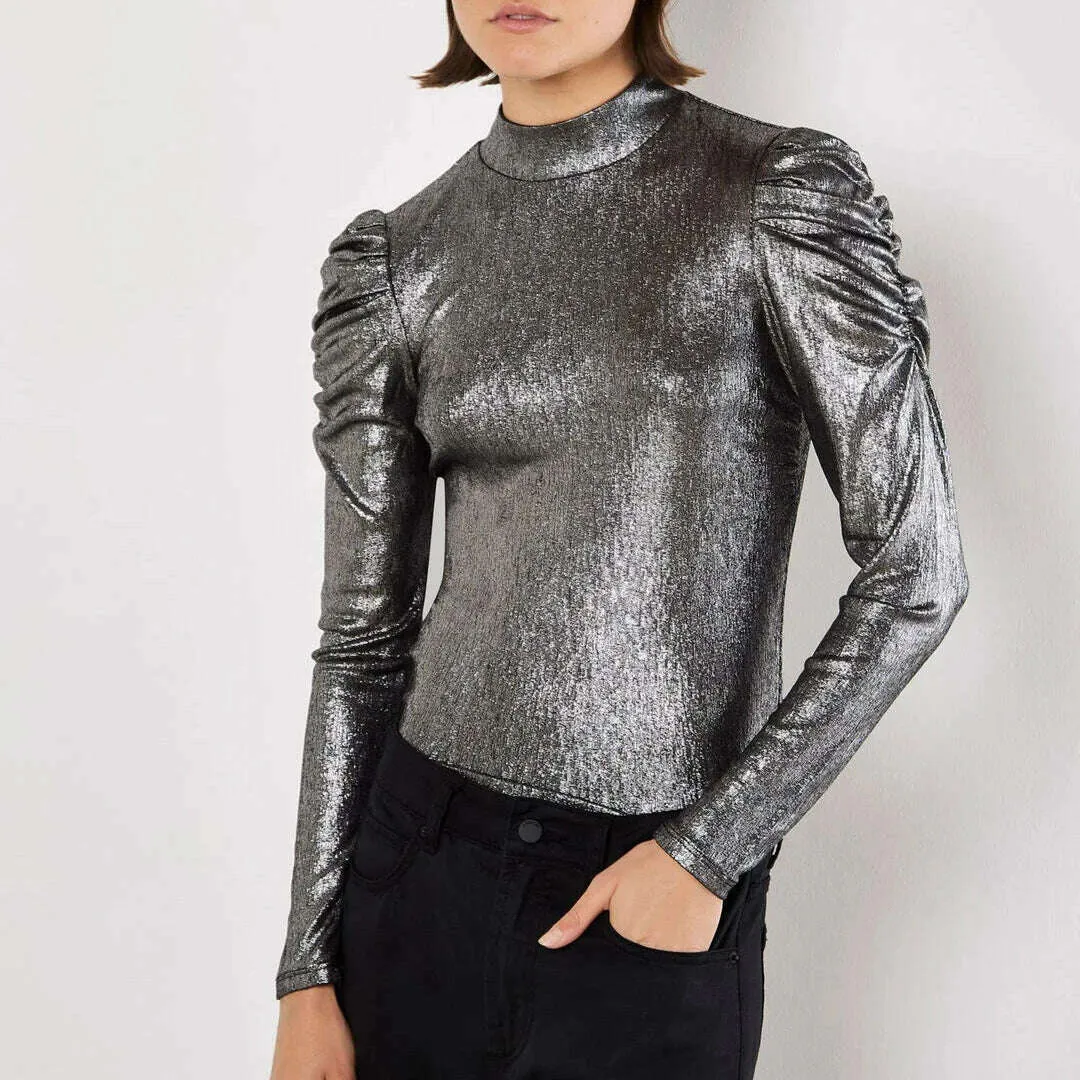 Apricot - Puffy Sleeve Metallic Shirt - Gold