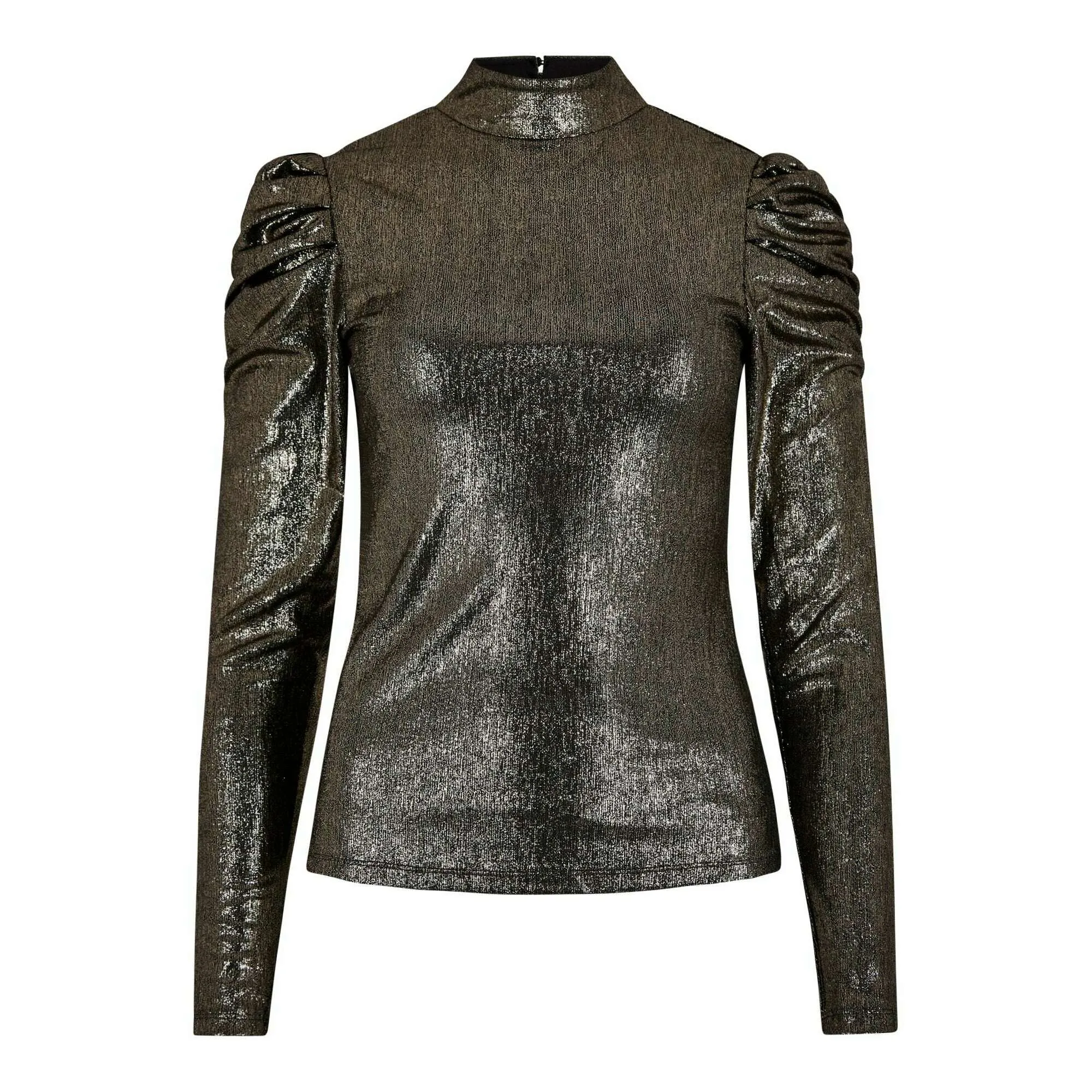 Apricot - Puffy Sleeve Metallic Shirt - Gold