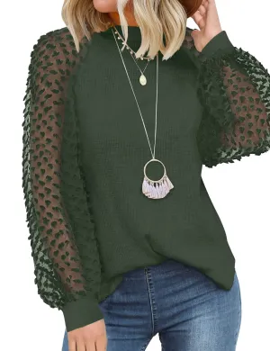 Army Green Women’s Long Sleeve Tops Lace Casual Loose Blouses T Shirts - MIHOLL