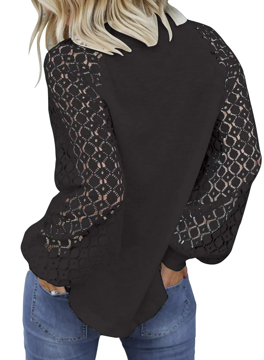 Army Green Women’s Long Sleeve Tops Lace Casual Loose Blouses T Shirts - MIHOLL