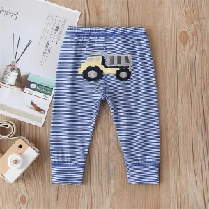 Baby Truck Cartoon Print Striped Pants