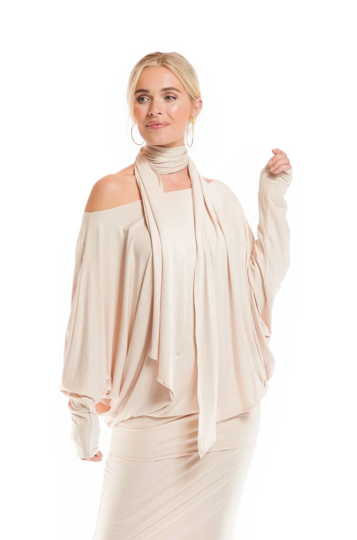 BAMBOO RAGLAN TOP WITH SCARF ECRU