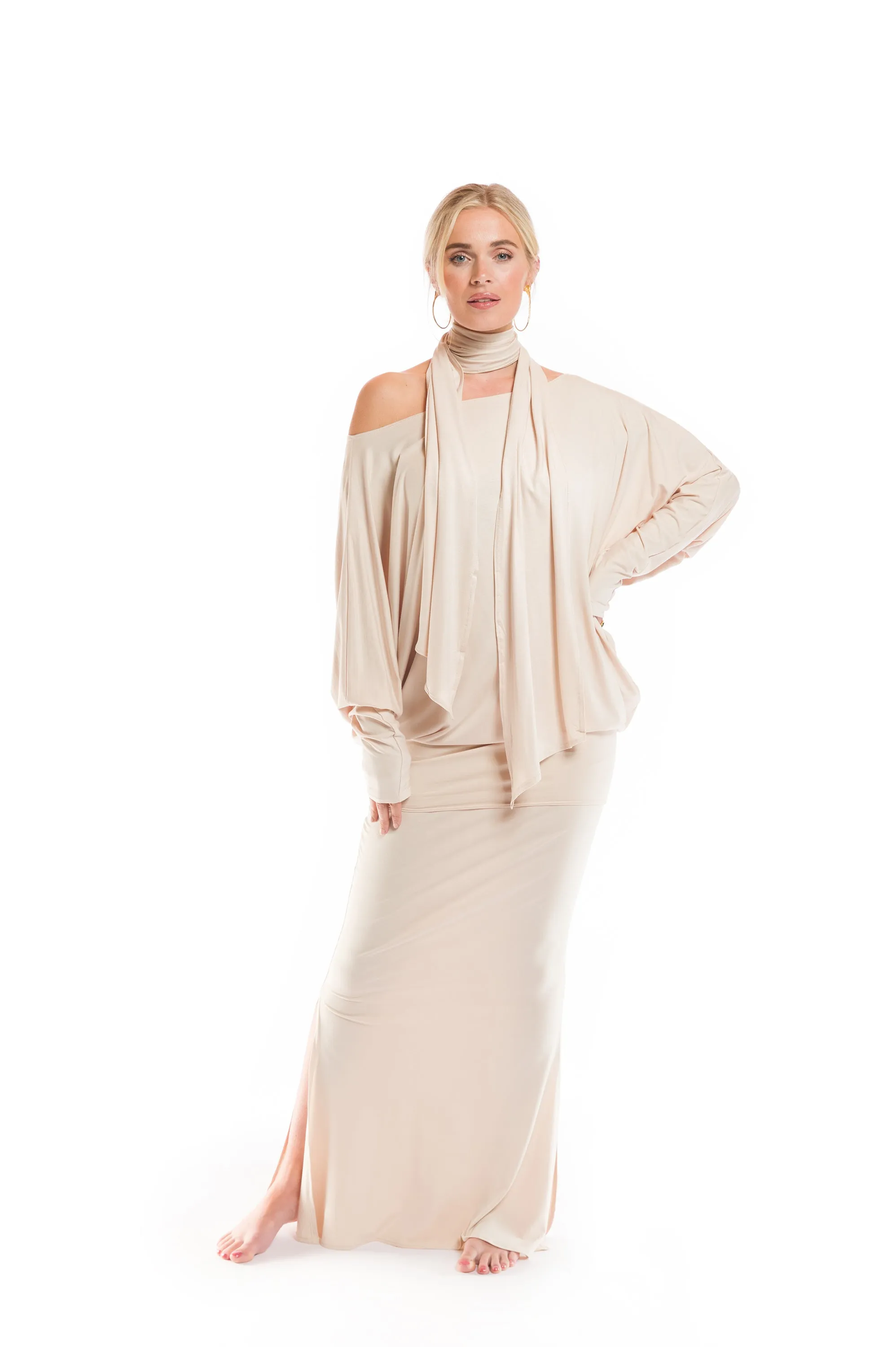 BAMBOO RAGLAN TOP WITH SCARF ECRU