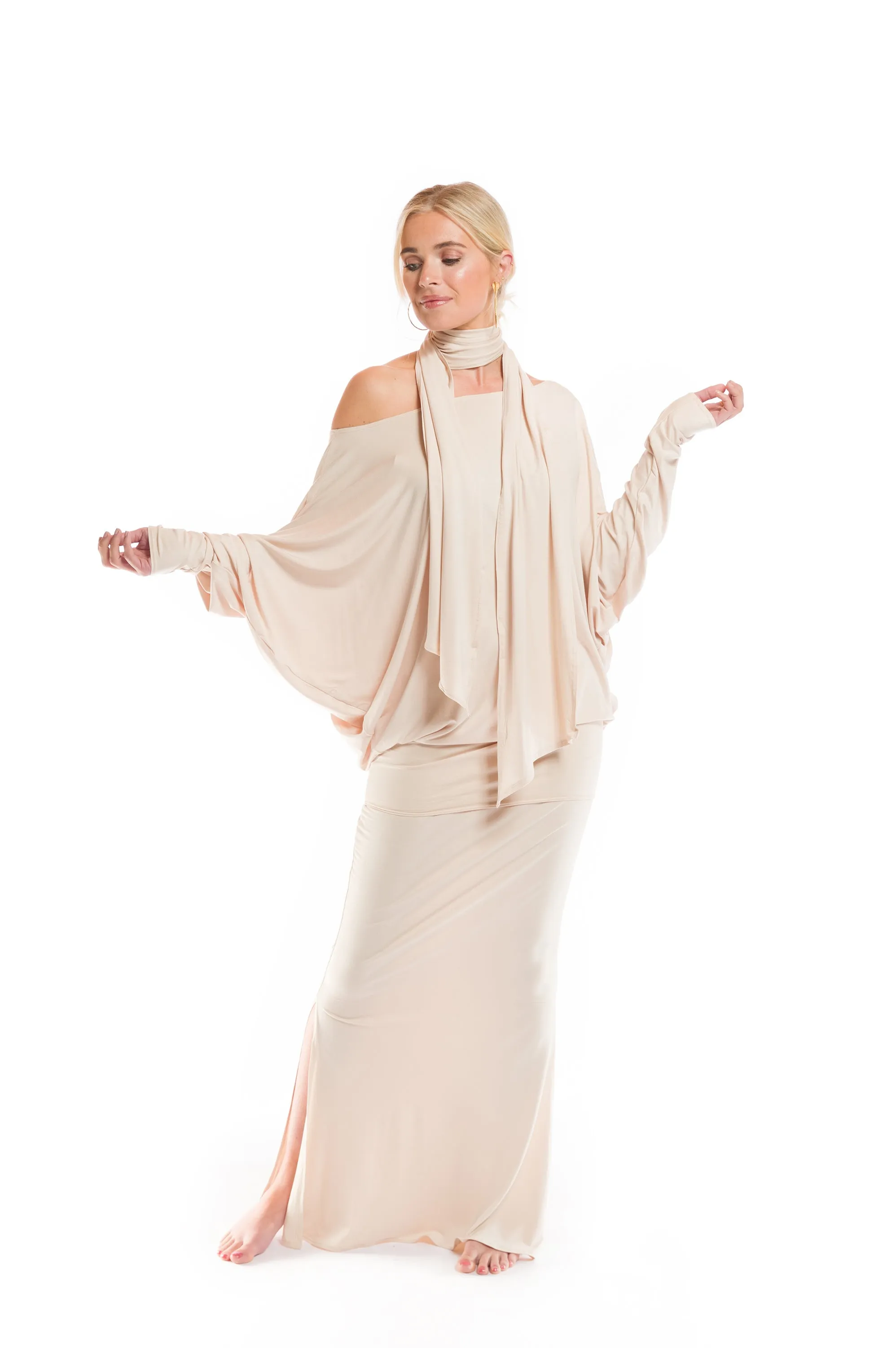 BAMBOO RAGLAN TOP WITH SCARF ECRU