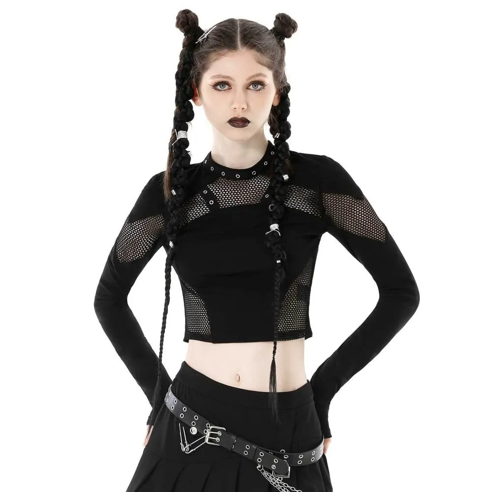 Black Gothic Punk Fishnet Long Sleeve Crop Top