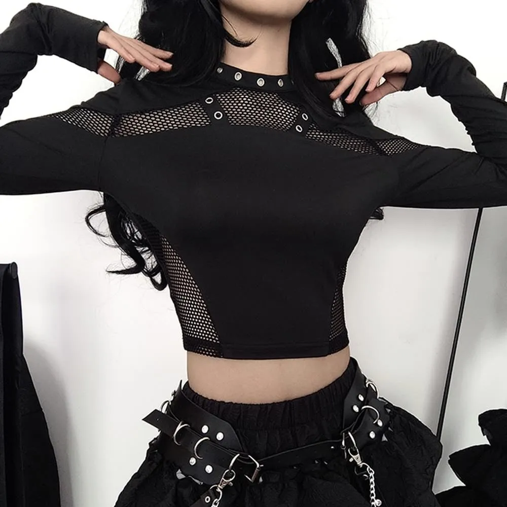 Black Gothic Punk Fishnet Long Sleeve Crop Top
