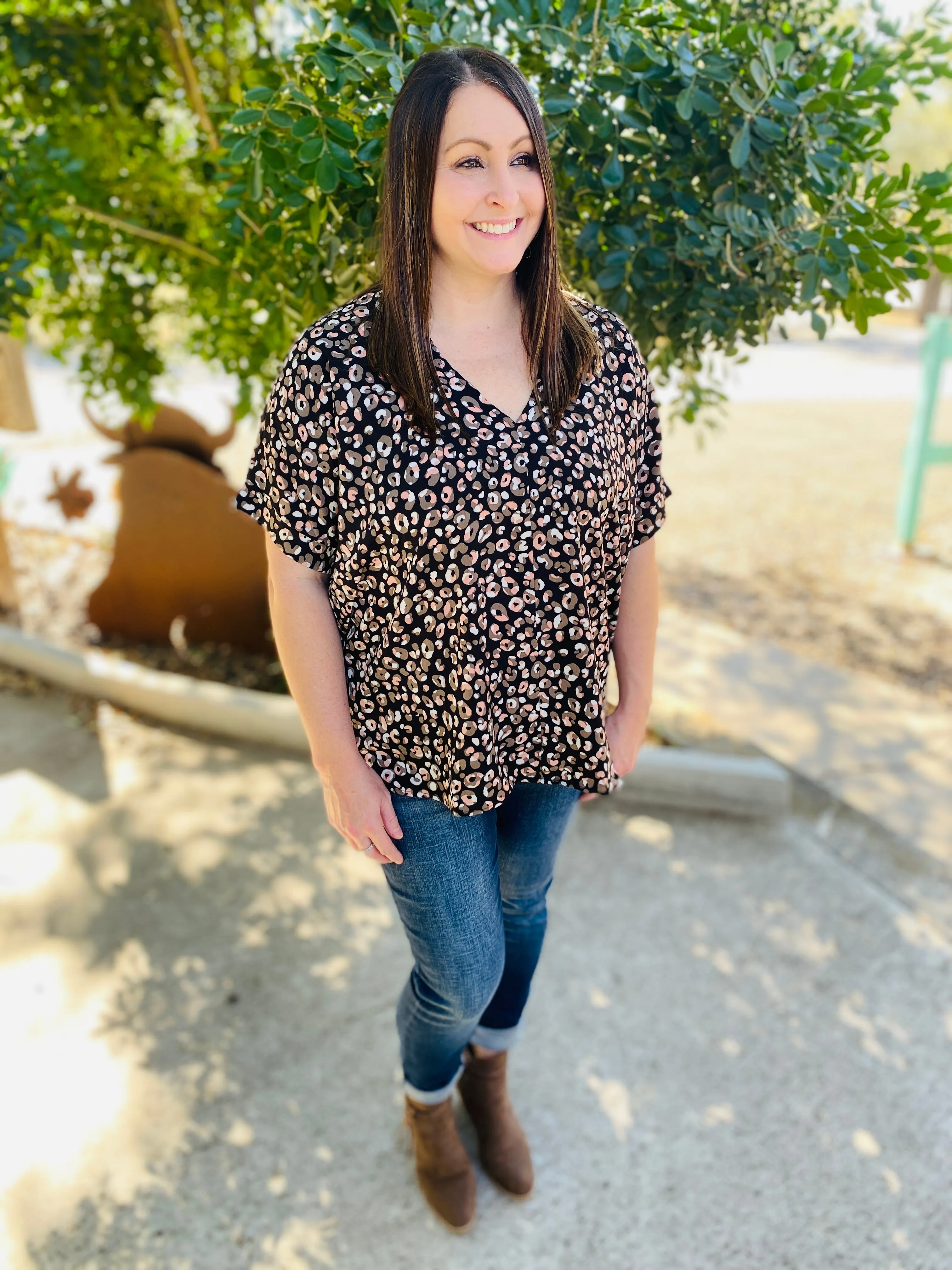 Black Leopard Spot V Neck Top