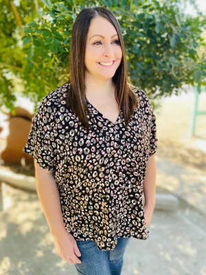 Black Leopard Spot V Neck Top