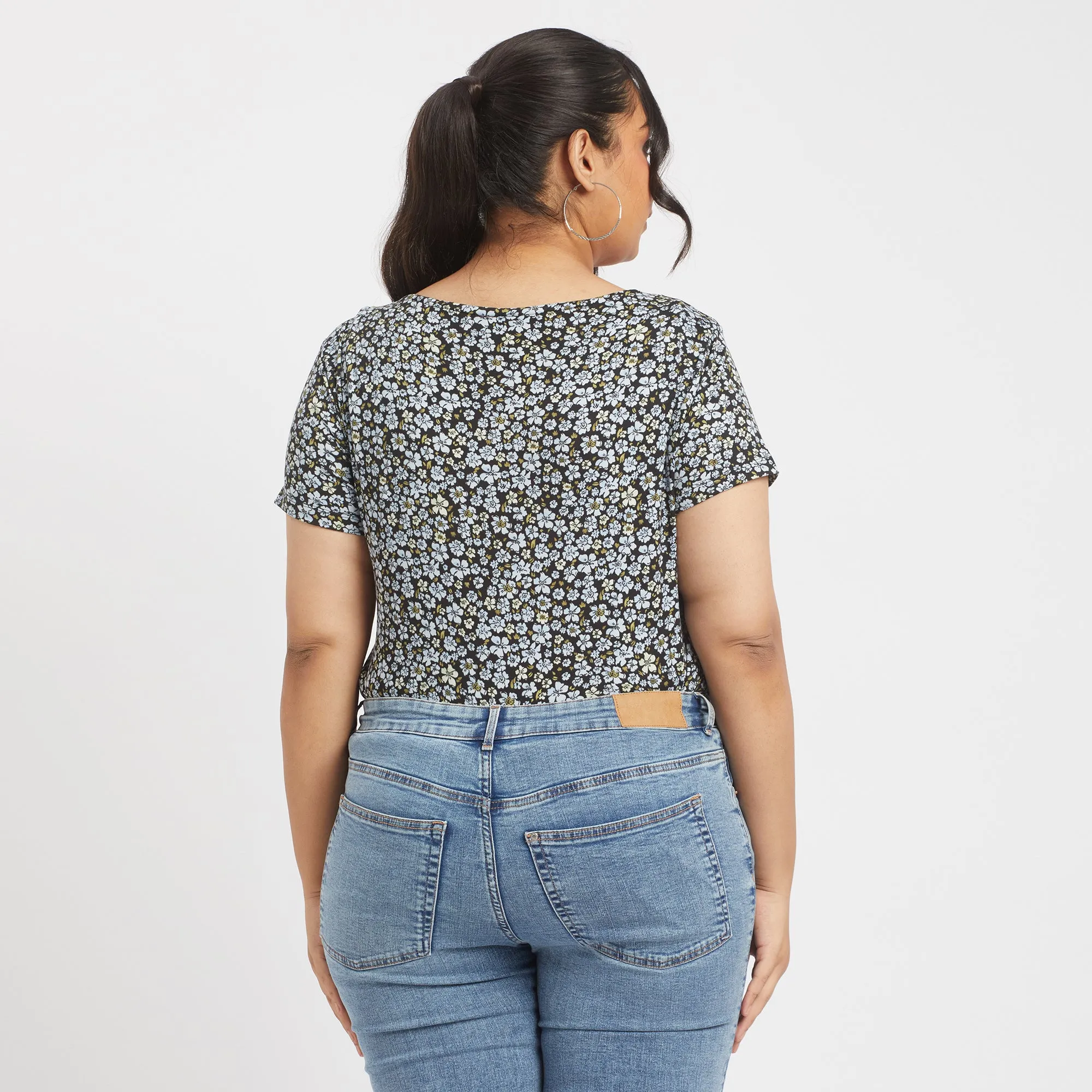 Blue ditsy floral plus size square neck rib top