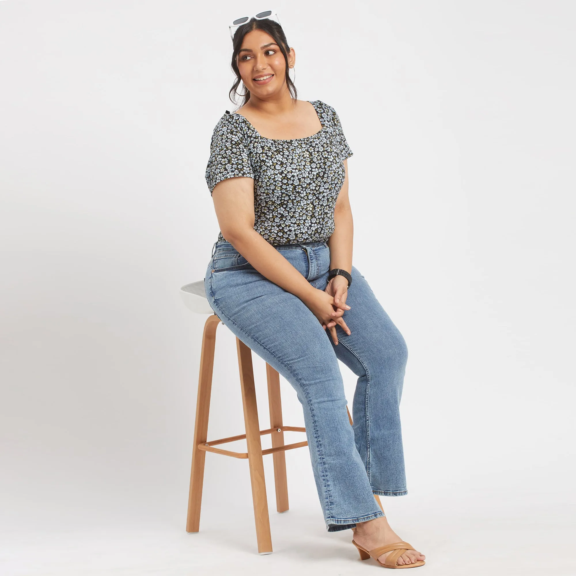 Blue ditsy floral plus size square neck rib top
