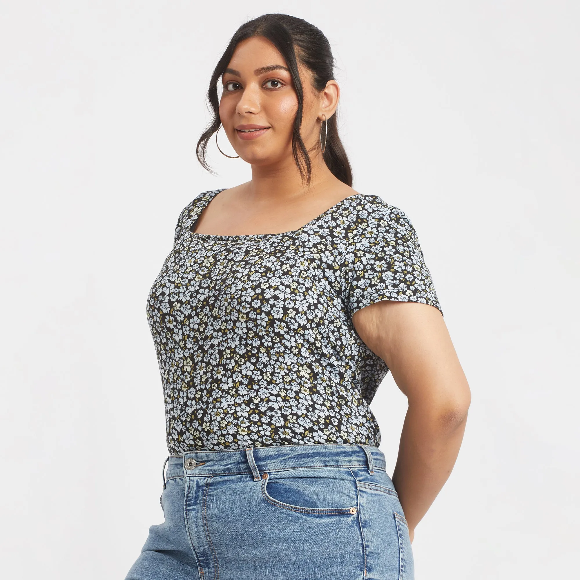 Blue ditsy floral plus size square neck rib top