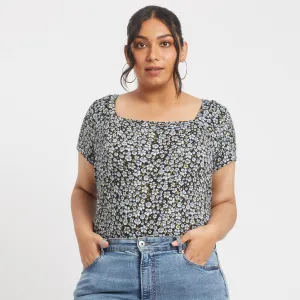 Blue ditsy floral plus size square neck rib top