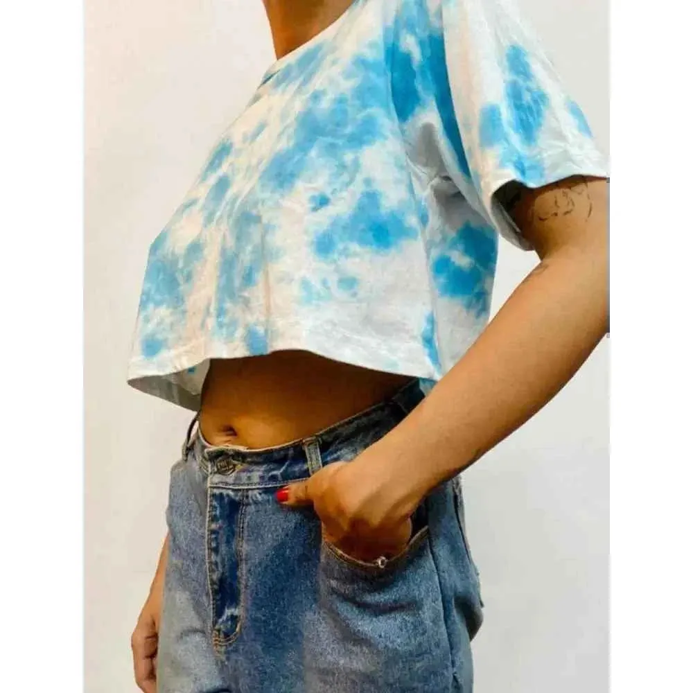Blue Dots Tie Dye Cotton Crop Top