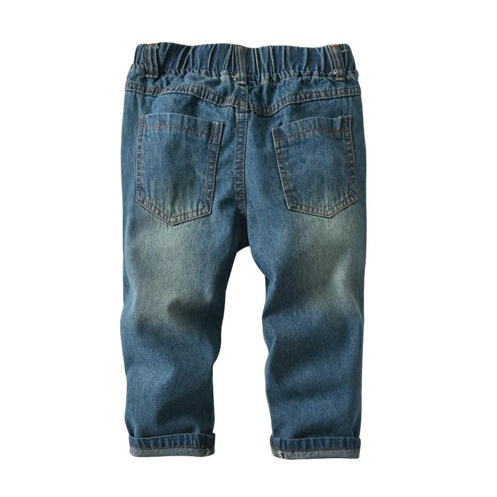 Boys Solid Elastic Waist Ripped Denim Pants Wholesale