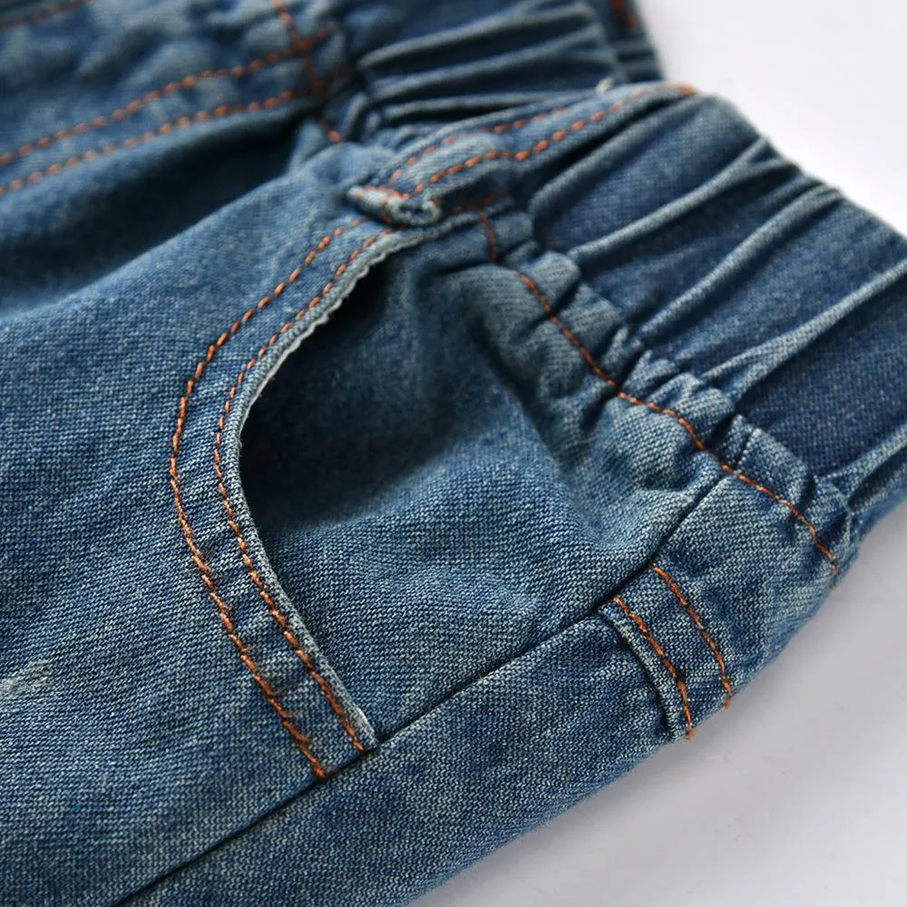Boys Solid Elastic Waist Ripped Denim Pants Wholesale