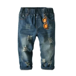 Boys Solid Elastic Waist Ripped Denim Pants Wholesale