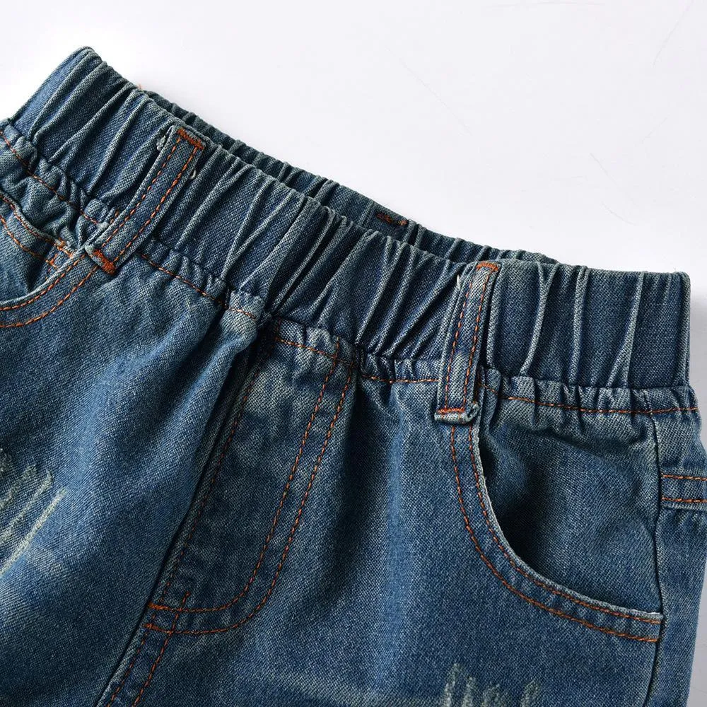 Boys Solid Elastic Waist Ripped Denim Pants Wholesale