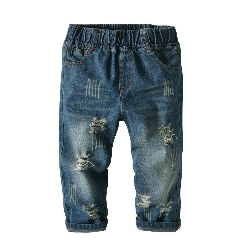 Boys Solid Elastic Waist Ripped Denim Pants Wholesale