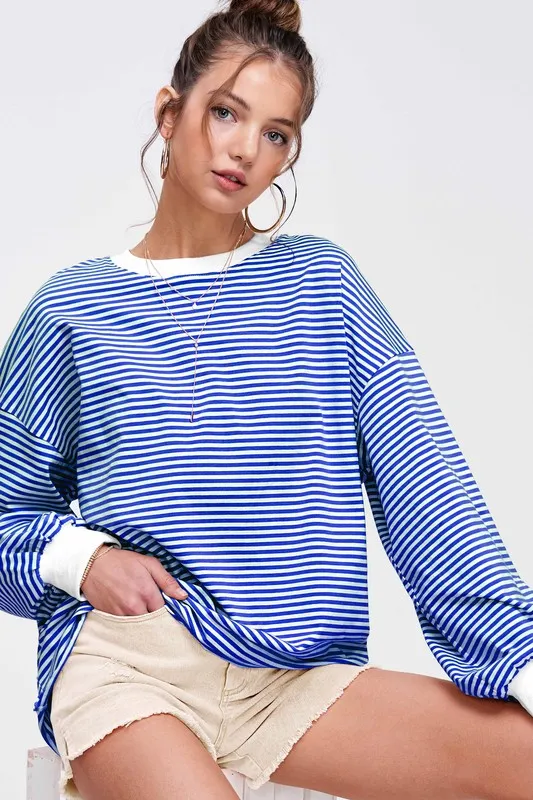 Callum Crew Neck Stripe Long Sleeve Top - Royal Blue