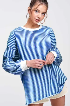 Callum Crew Neck Stripe Long Sleeve Top - Royal Blue