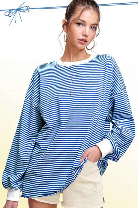 Callum Crew Neck Stripe Long Sleeve Top - Royal Blue