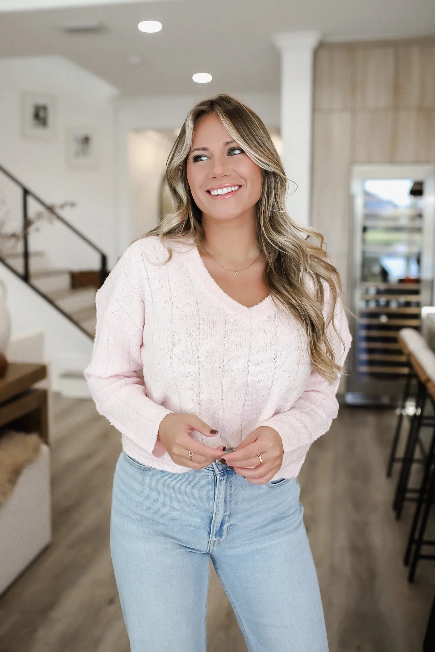 Captivating Textured Knit V Neck Sweater - Pink