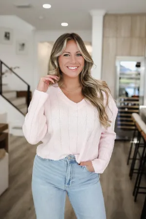 Captivating Textured Knit V Neck Sweater - Pink