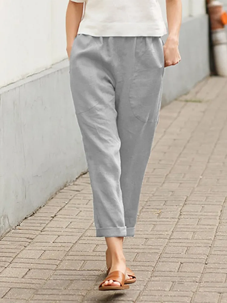 Clothing Large Pockets Solid Color Comfortable Cotton Linen Casual Pants