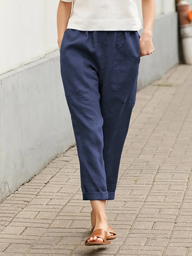 Clothing Large Pockets Solid Color Comfortable Cotton Linen Casual Pants