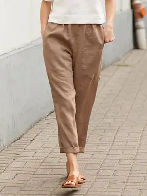 Clothing Large Pockets Solid Color Comfortable Cotton Linen Casual Pants