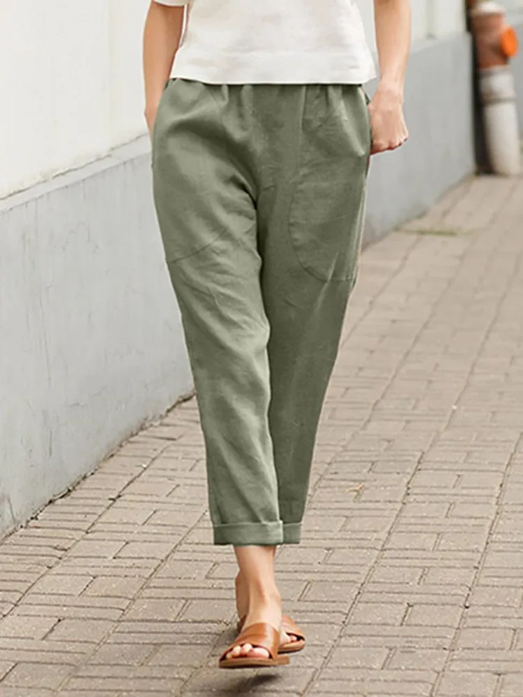 Clothing Large Pockets Solid Color Comfortable Cotton Linen Casual Pants