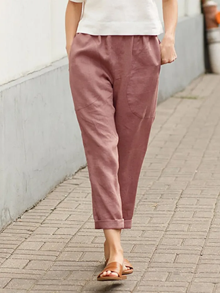 Clothing Large Pockets Solid Color Comfortable Cotton Linen Casual Pants