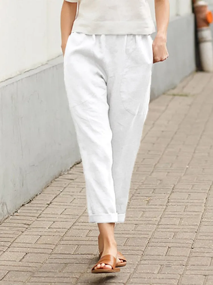 Clothing Large Pockets Solid Color Comfortable Cotton Linen Casual Pants