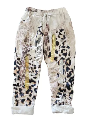 CRINKLE MIX LEOPARD GOLD FOIL DRAWSTRING PANT