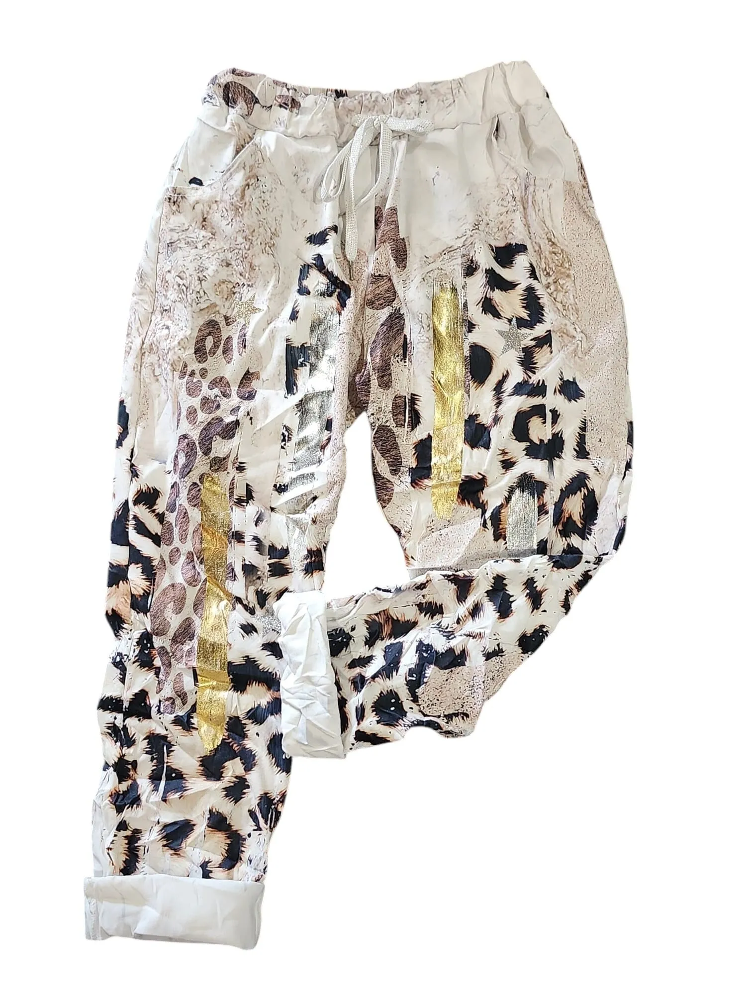 CRINKLE MIX LEOPARD GOLD FOIL DRAWSTRING PANT