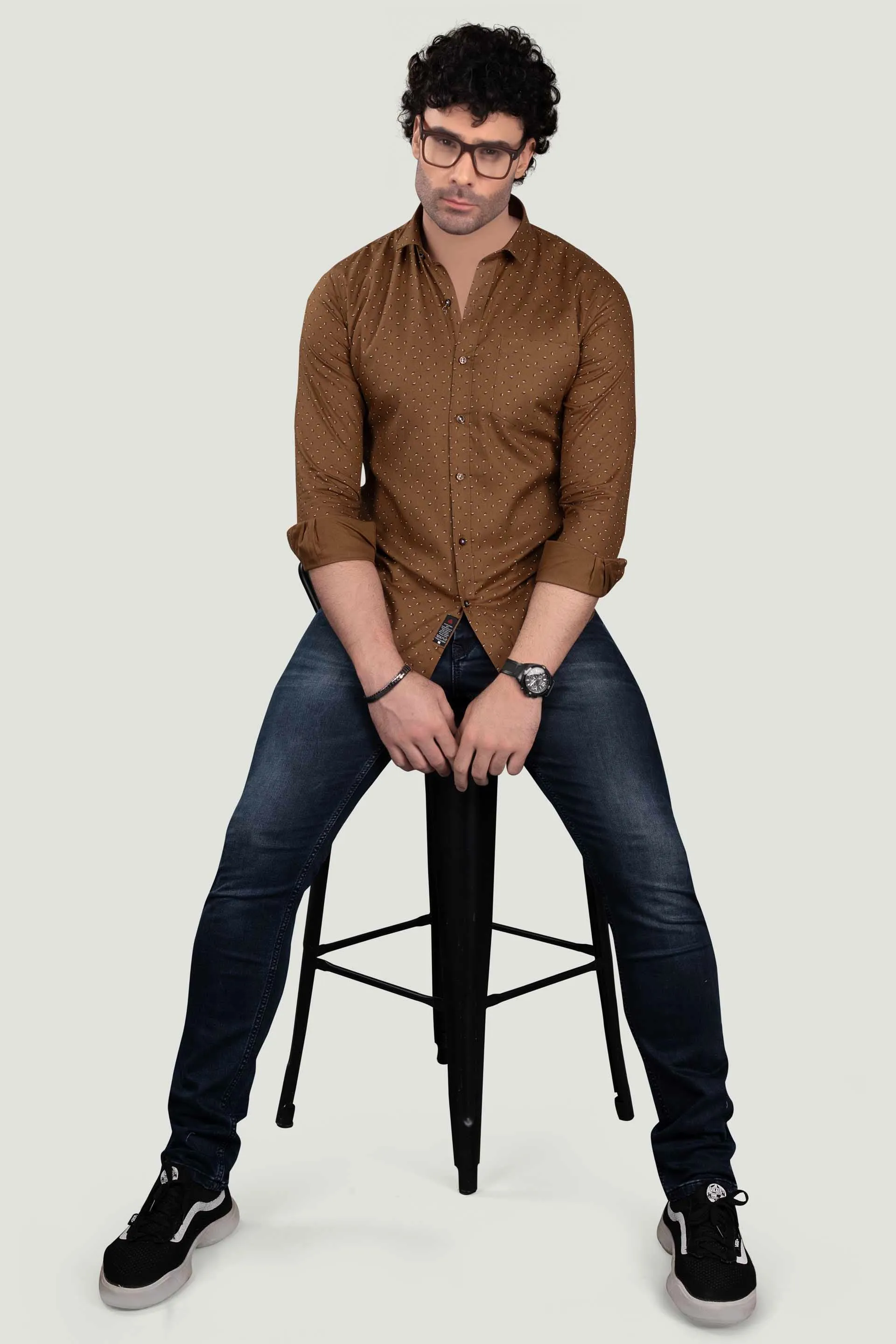 Dmitri Brown Cotton Printed Shirt