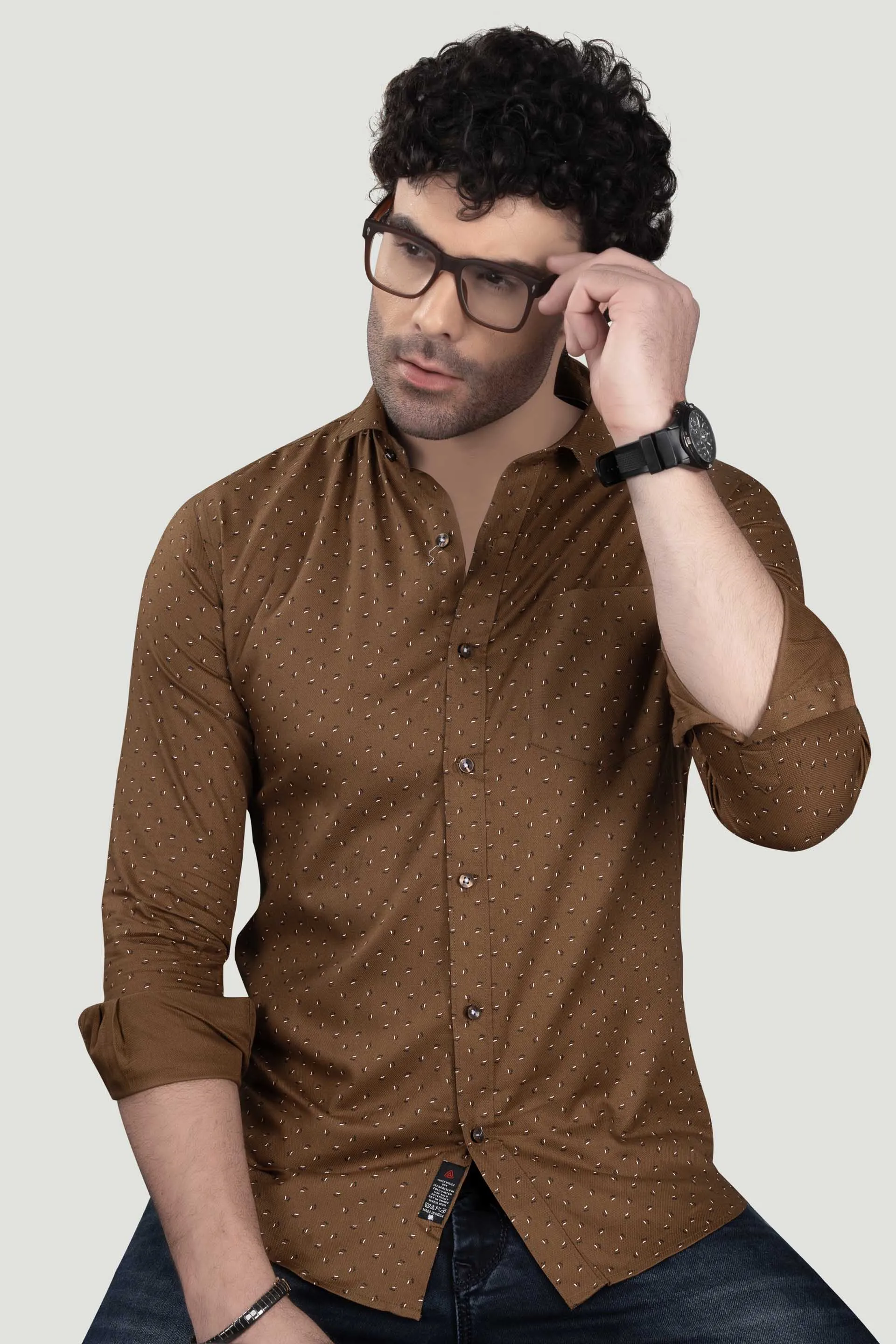 Dmitri Brown Cotton Printed Shirt