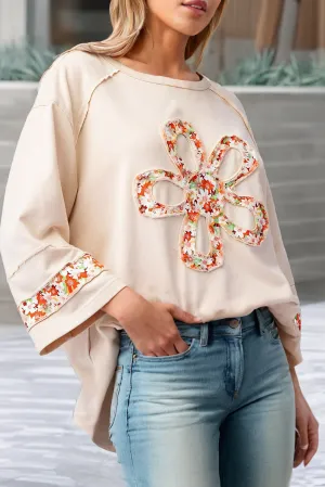 Elena  Flower Patch Graphic Exposed Seam Wide Sleeve Loose Top