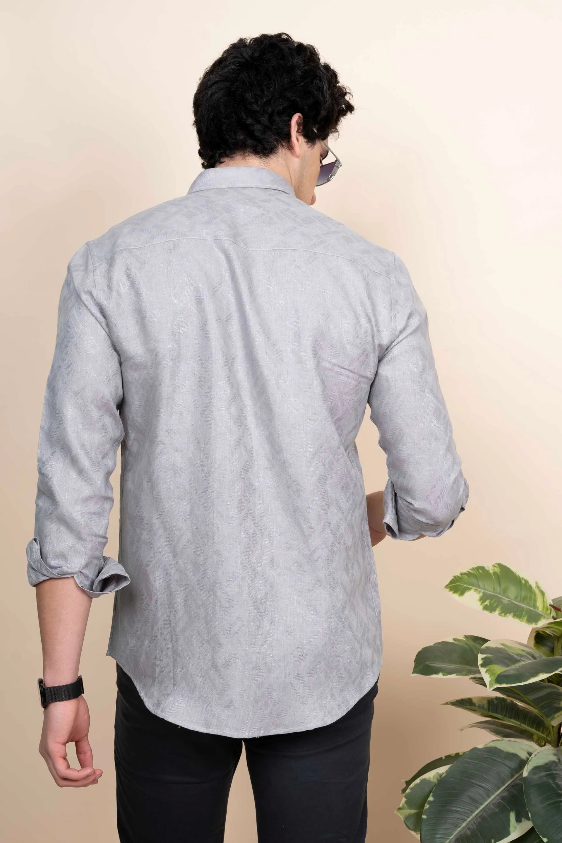 Ethan Grey Pure Linen Shirt Jacquard