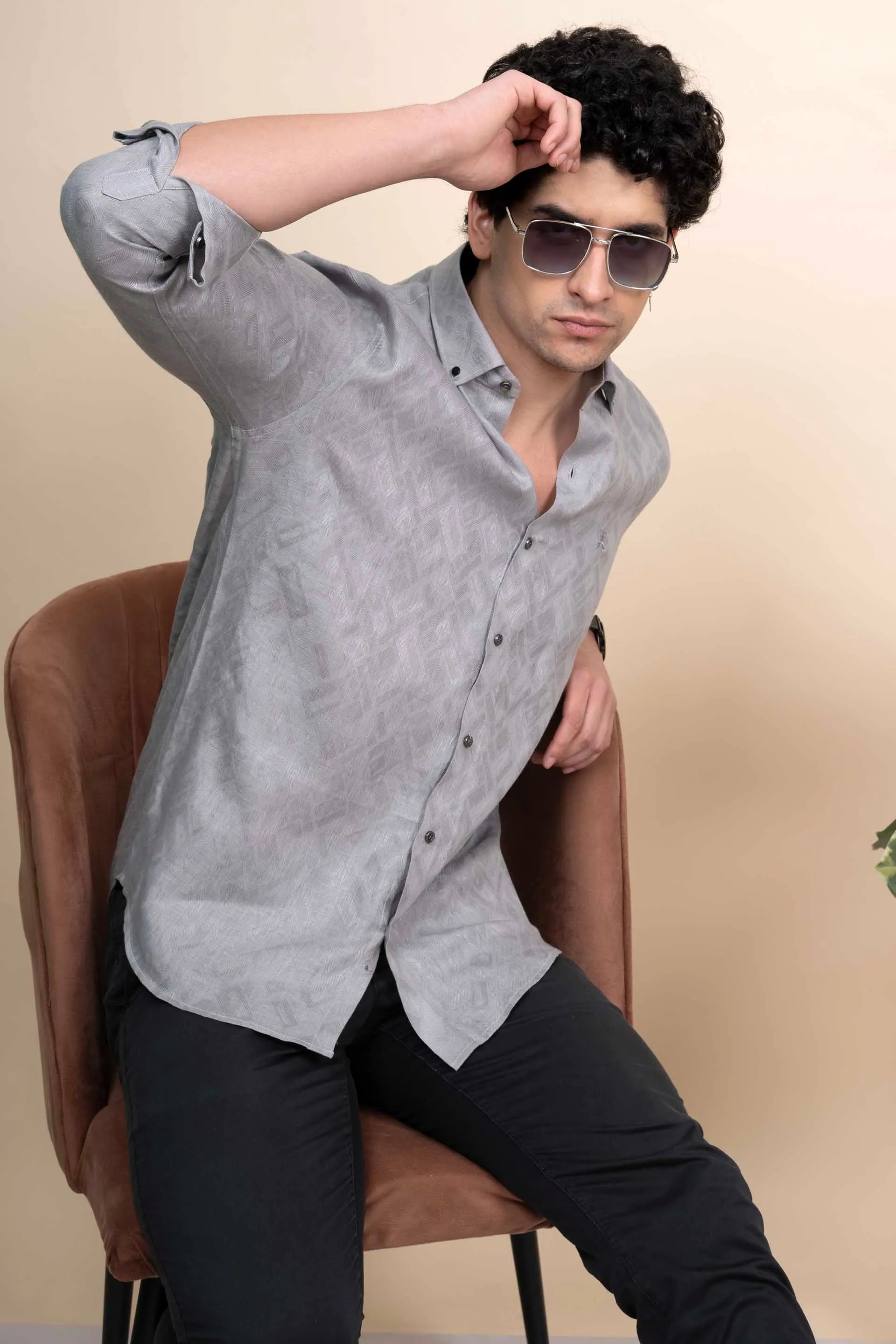 Ethan Grey Pure Linen Shirt Jacquard