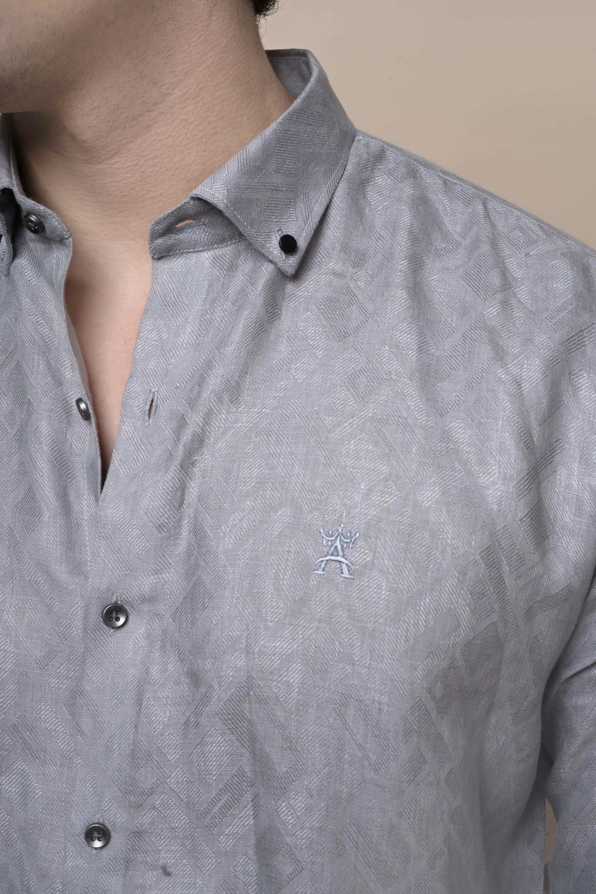 Ethan Grey Pure Linen Shirt Jacquard