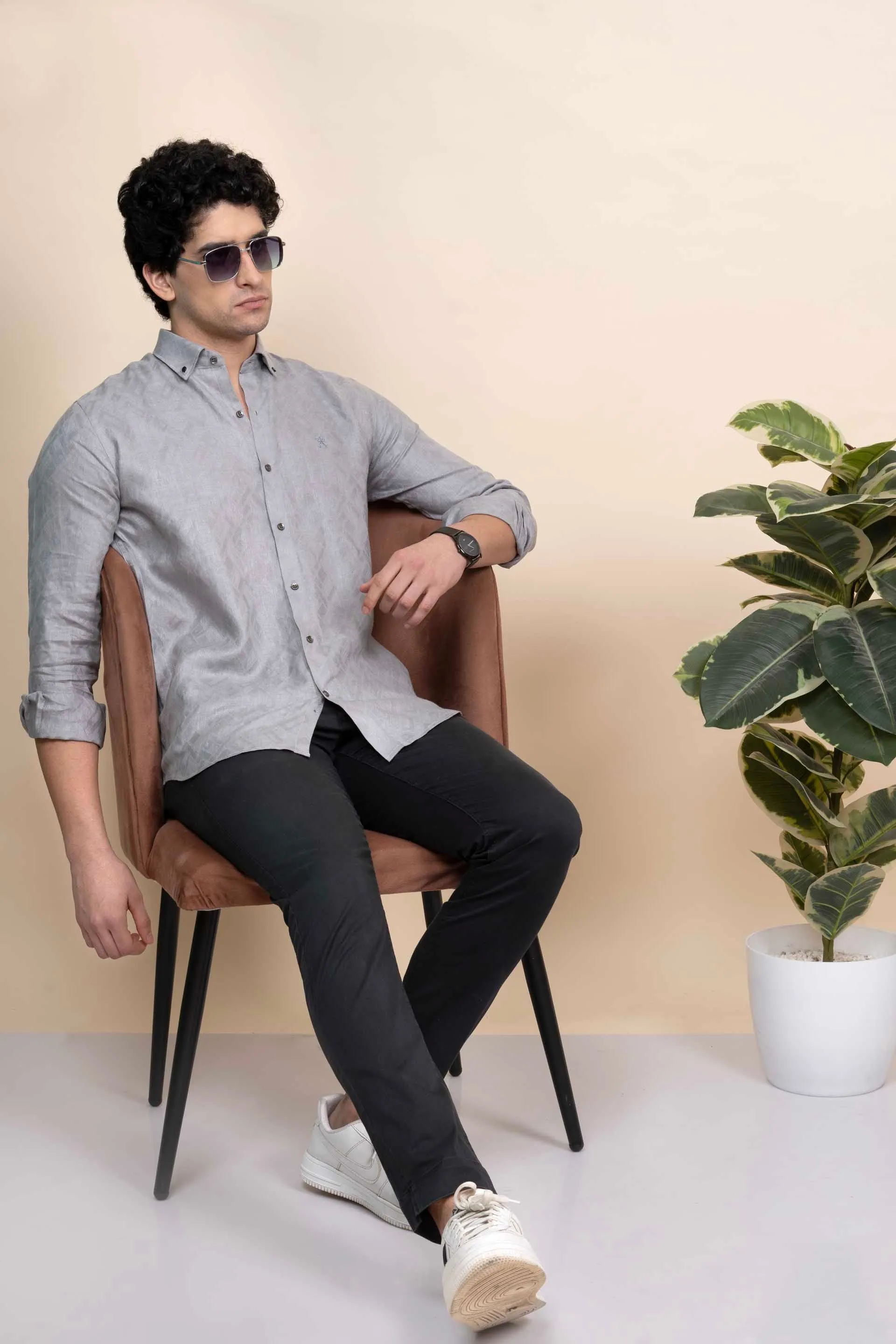 Ethan Grey Pure Linen Shirt Jacquard