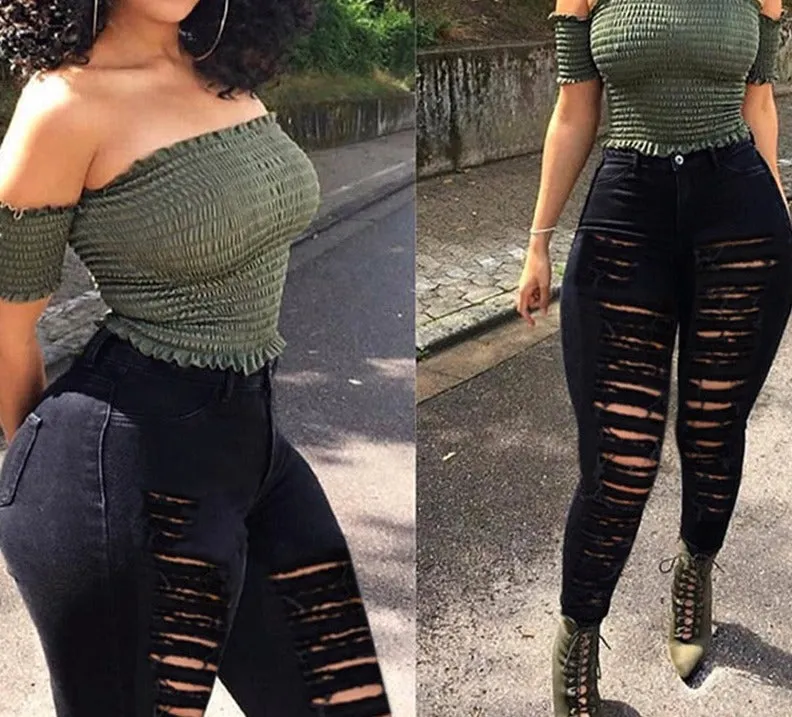 Fall Skinny Jeans Women Denim Pants Holes Destroyed