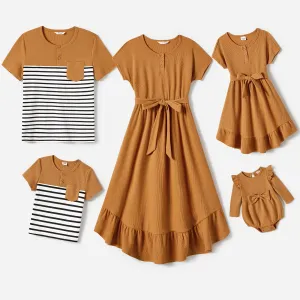 Family Matching Solid Color High Low Hem Dresses And Short Sleeve Striped Colorblock Tops Sets