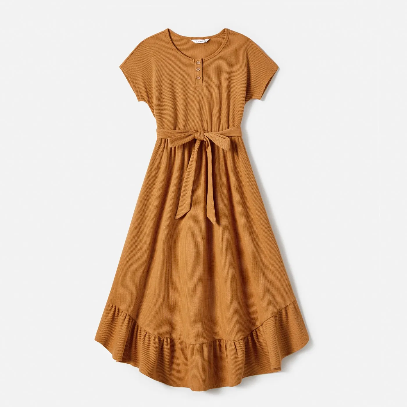 Family Matching Solid Color High Low Hem Dresses And Short Sleeve Striped Colorblock Tops Sets