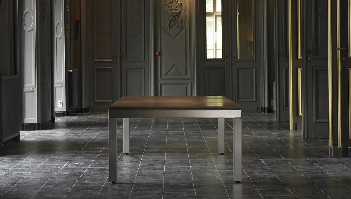 Fusion Dining Pool Table: Brushed Stainless Steel Legs with Wood Tops