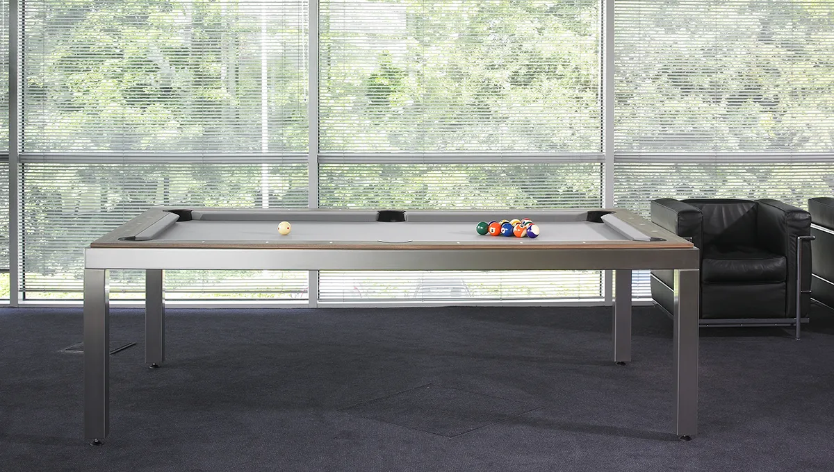 Fusion Dining Pool Table: Brushed Stainless Steel Legs with Wood Tops