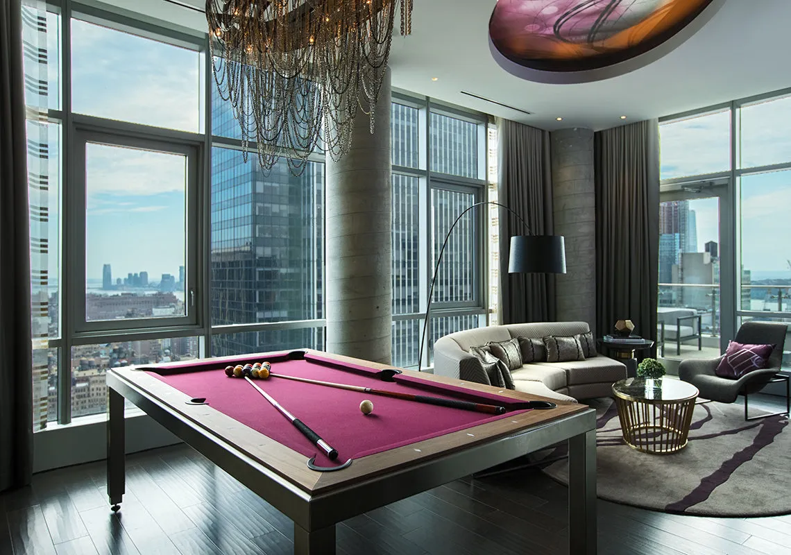 Fusion Dining Pool Table: Brushed Stainless Steel Legs with Wood Tops