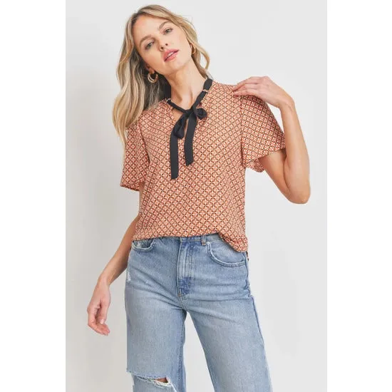 Geo Print Front Tie Blouse