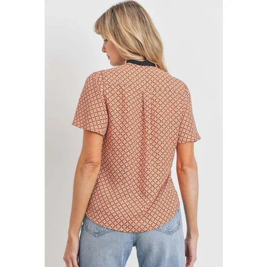 Geo Print Front Tie Blouse